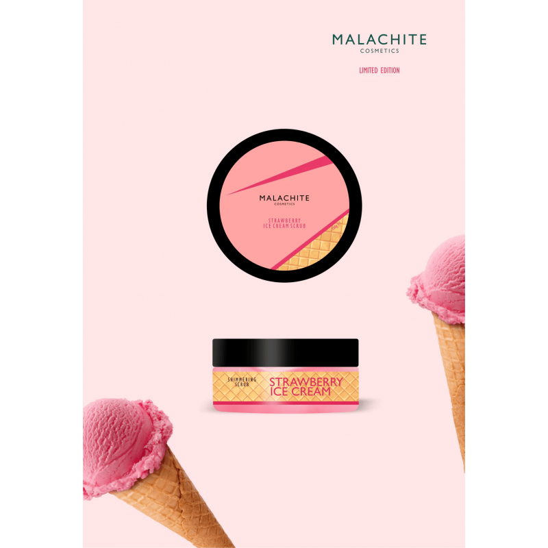 Švytintis kūno šveitiklis MALACHITE COSMETICS „Strawberry ice cream scrub”, 200 g