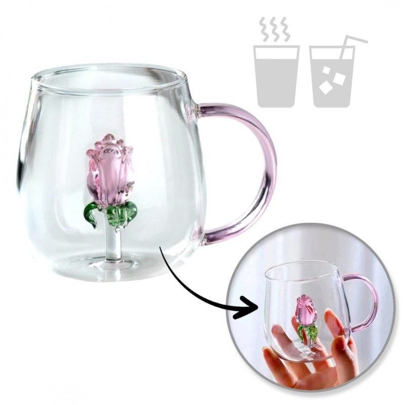 Stiklinė su tulpe viduje ir rožine rankenėle SZK129 (400ml)