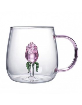 Stiklinė su tulpe viduje ir rožine rankenėle SZK129 (400ml)